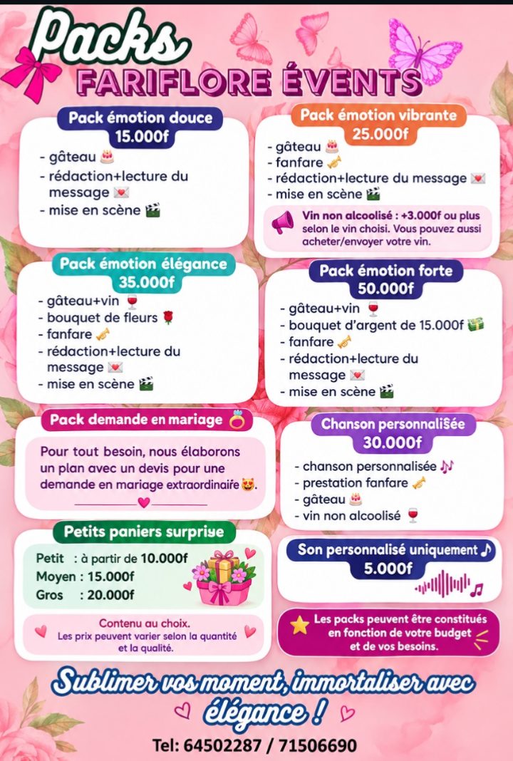 Affiche officielle des packs Fariflore Events avec les prix